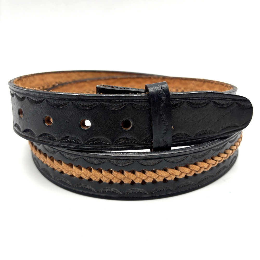 Vintage 80s Handmade Black Genuine Leather Braided Center Scallop Trim Belt 40